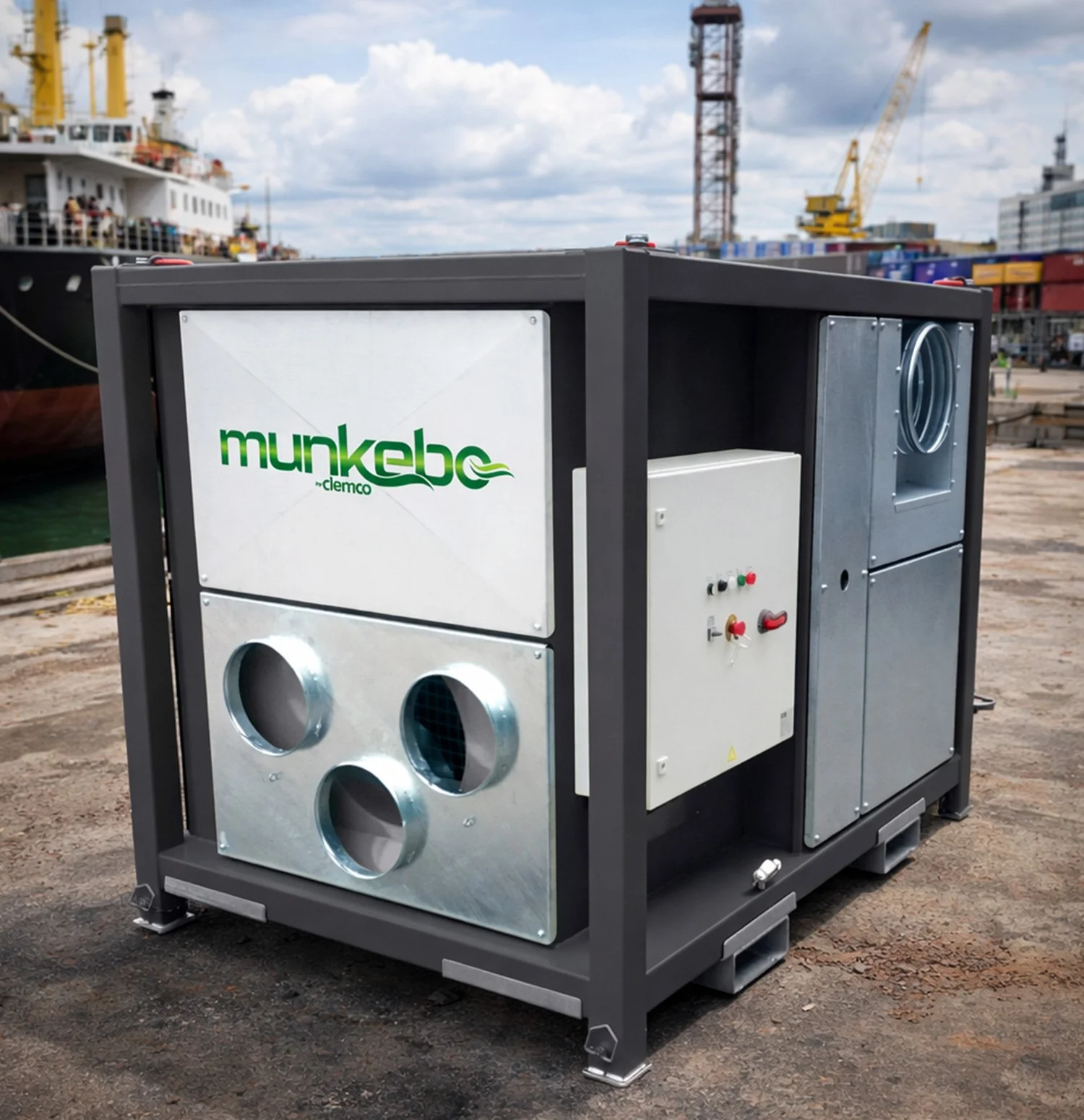 A Munkebo portable dehumidifier placed at a ship yard