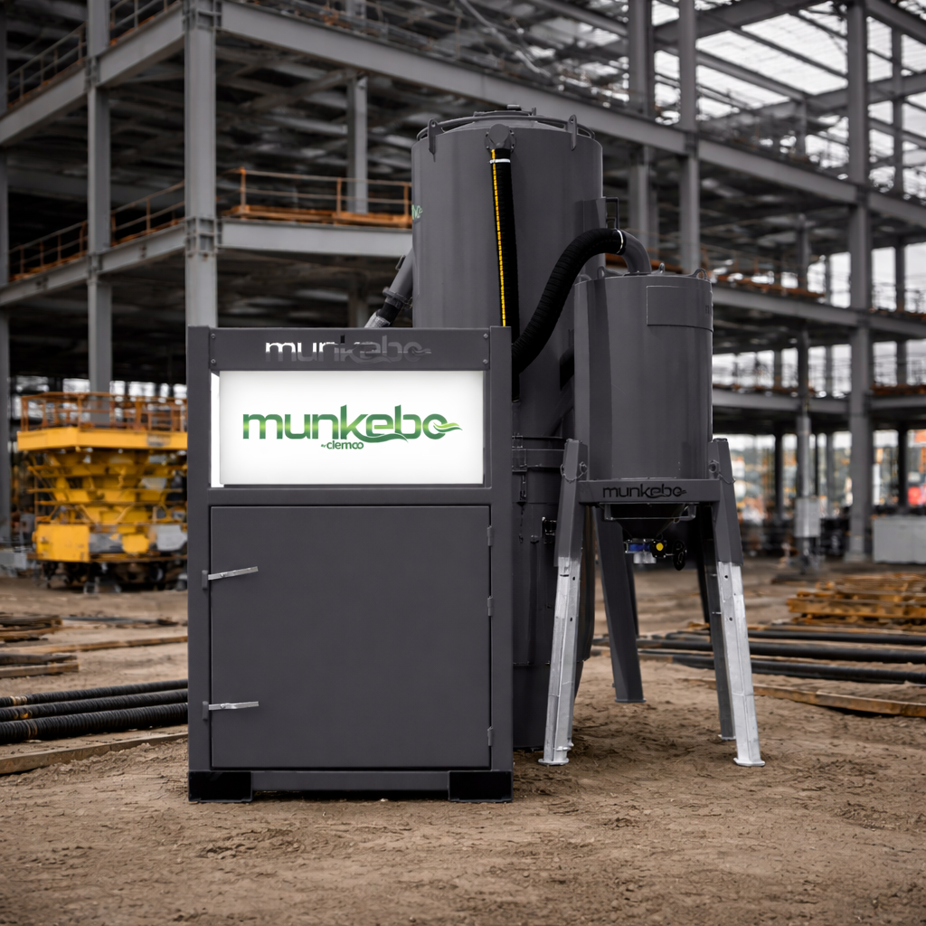 A munkebo standard vacuum system with the logo "munkebo" and the label "clemco" in a construction site with steel framework in the background.