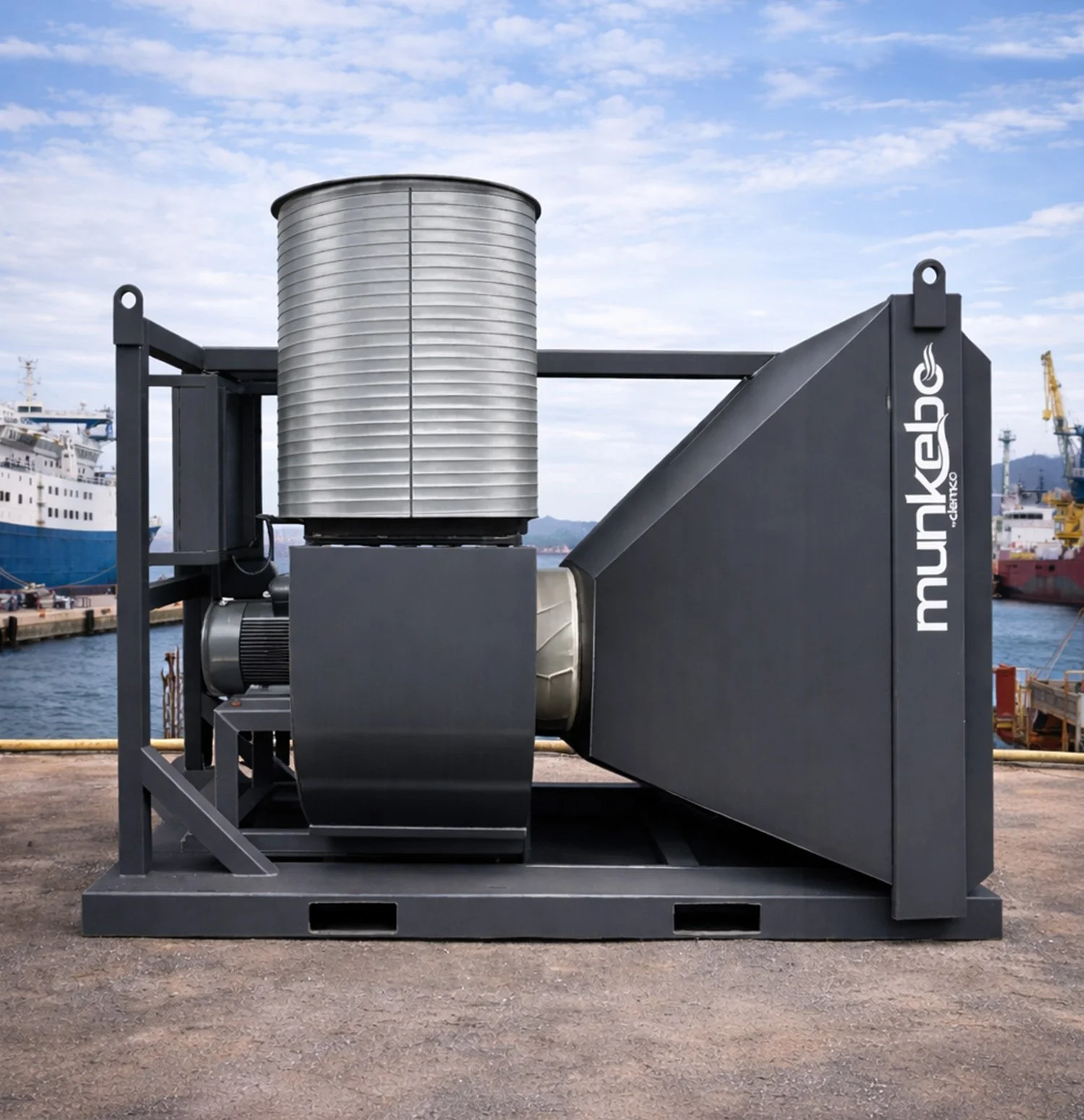 A Munkebo portable paint dust collector at a ship yard.