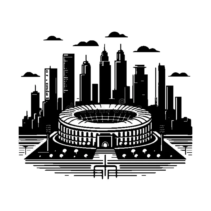 Black and white illustration of a city skyline with tall skyscrapers and a sports stadium in the foreground.