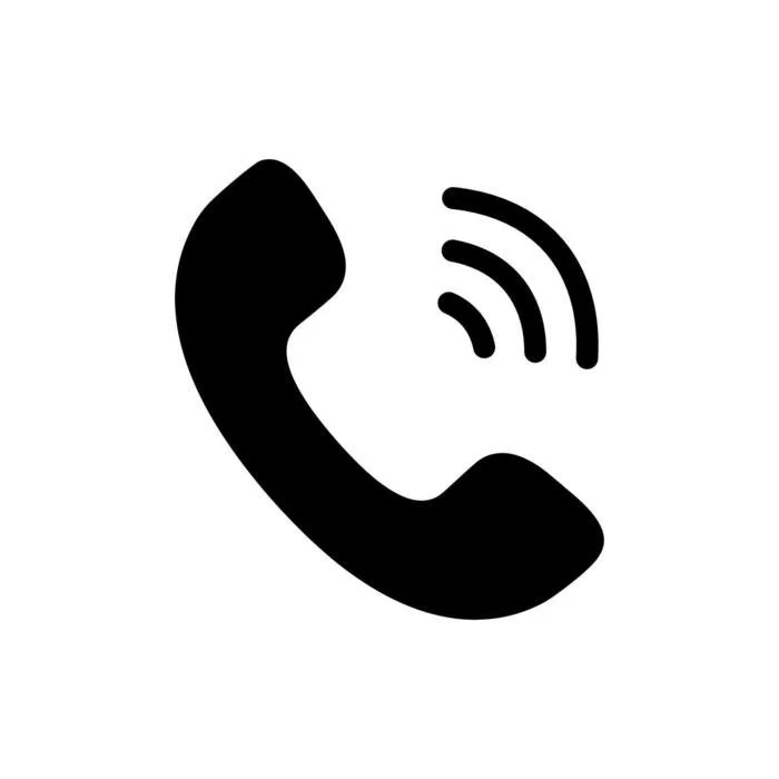 Black phone receiver icon with signal waves on a white background.
