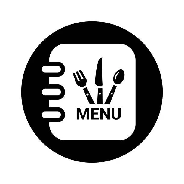 A black and white icon of a menu with cutlery and the word 'MENU' on it.