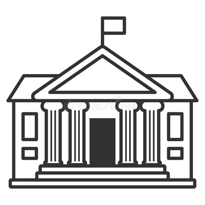 Outline illustration of a government or courthouse building with columns and a flag on top.
