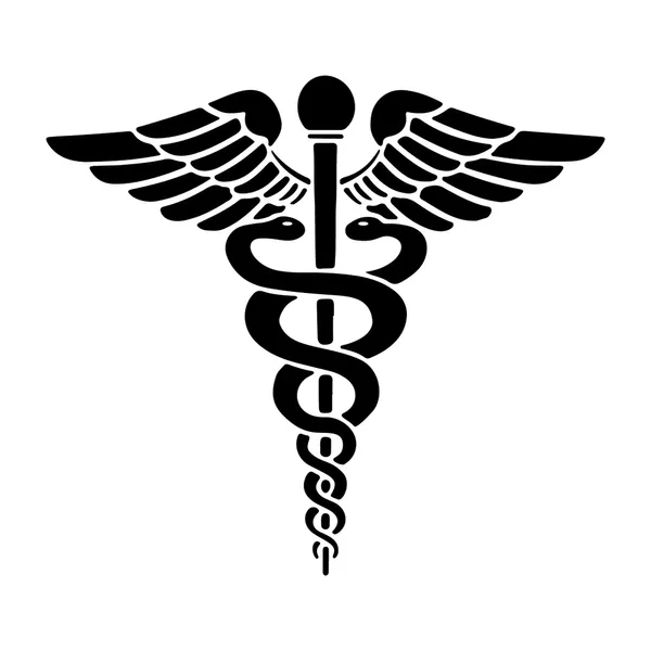 Black medical caduceus symbol featuring a staff with two snakes intertwined and wings at the top.