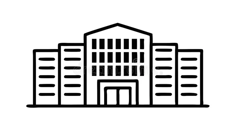 Black and white line drawing of a large, modern office building with multiple floors and glass windows.