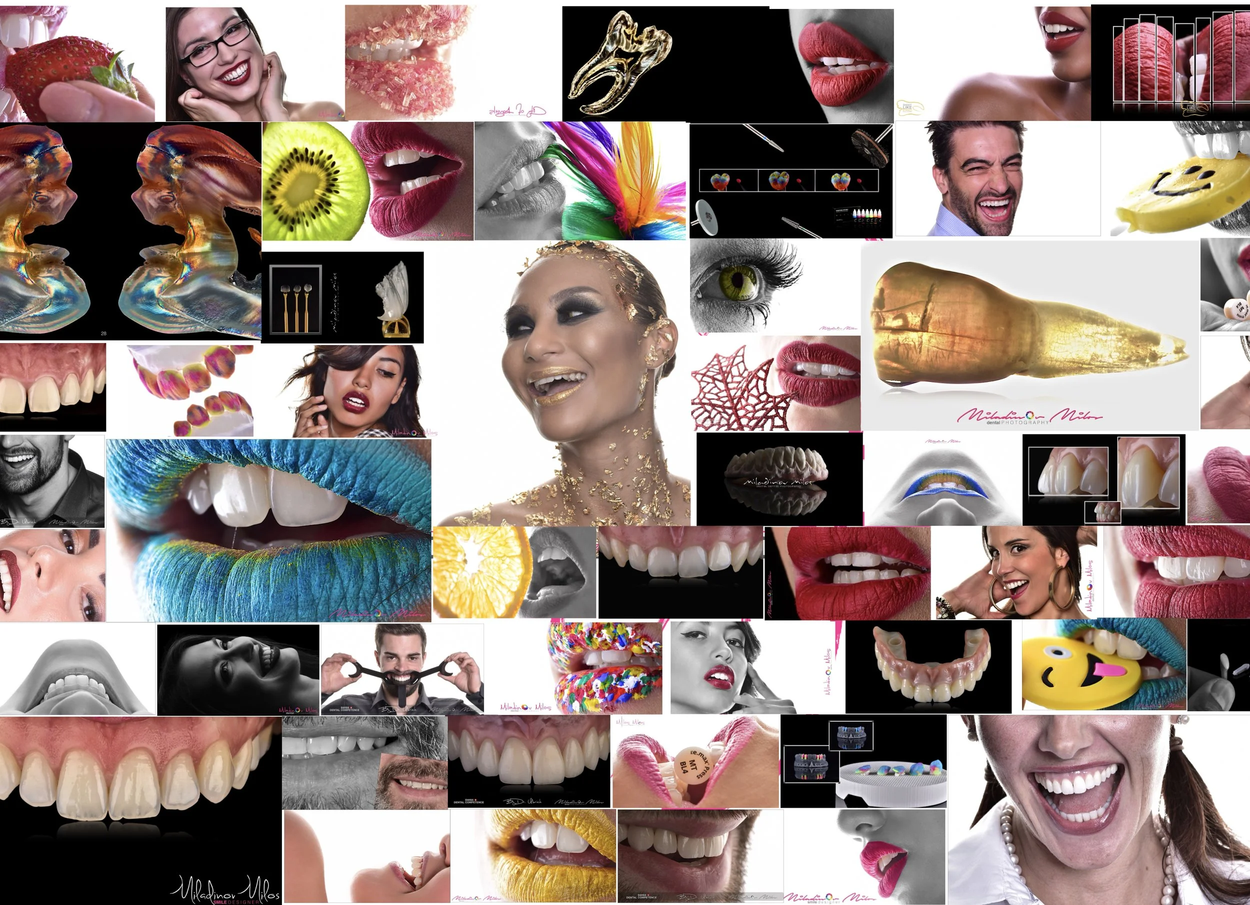 A collage of close-up photos featuring smiling people and various colorful lips, teeth, and dental themes, including lips with lipstick, grins, and dental equipment.