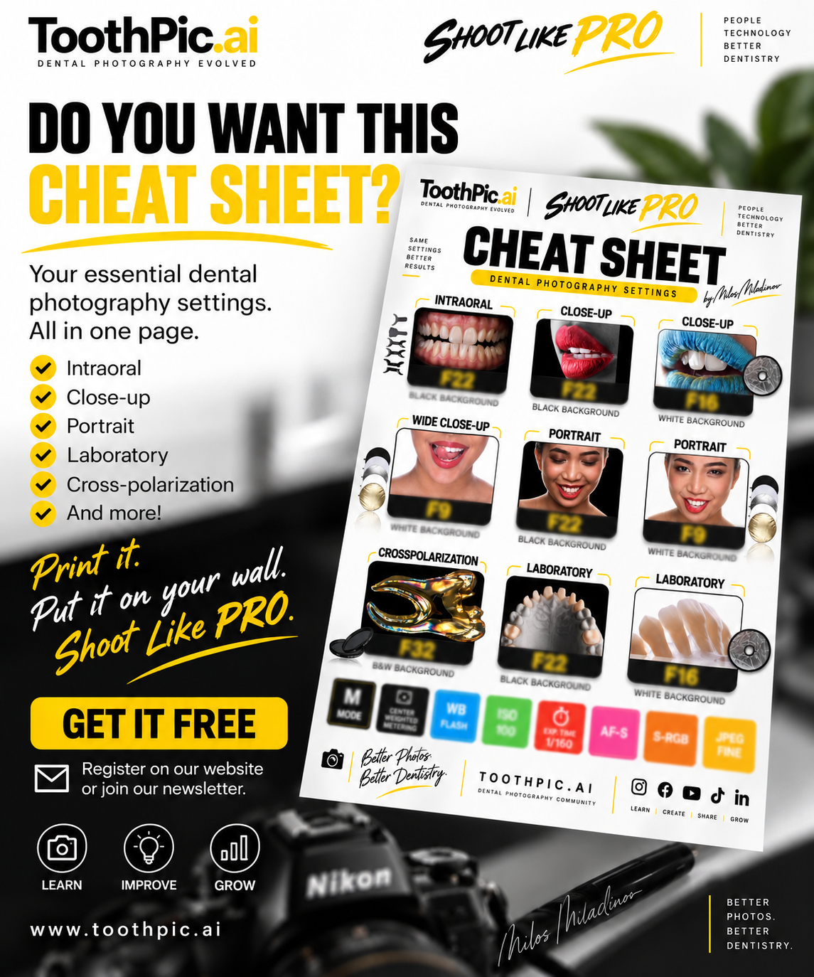An advertisement for ToothPic.ai showcases a dental photography cheat sheet with various photography settings and tips, including examples of intraoral, close-up, portrait, wide close-up, cross-polarization, and laboratory shots, designed for dental professionals to improve their dental photography skills.