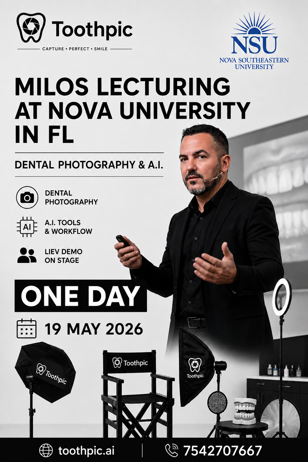 Poster advertising a lecture by Milos at Nova Southeastern University in Florida, on May 19, 2026, about dental photography and AI tools, featuring a man in a black suit giving a presentation with dental and photography equipment.
