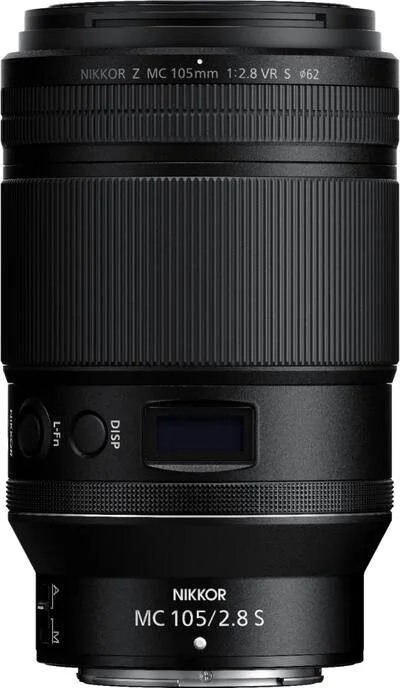 Close-up of a Nikon Z MC 105mm lens with focus rings and control switches.