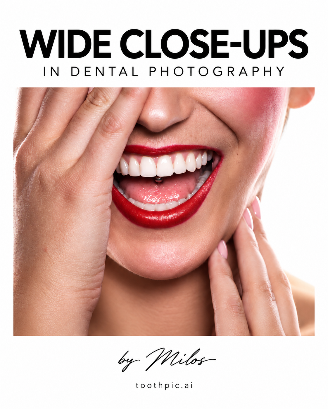 Close-up of a smiling woman with vibrant red lipstick showing her teeth and tongue, covering her right eye with her hand.