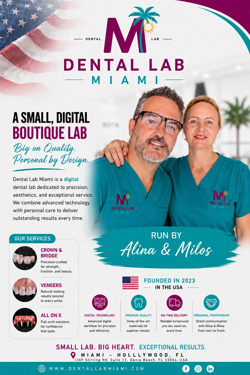 A promotional flyer for Dental Lab Miami, a small digital dental lab in Miami, showcasing their services and team. Features two dental professionals in teal scrubs, the lab's logo, and key information about quality, technology, and customer service.