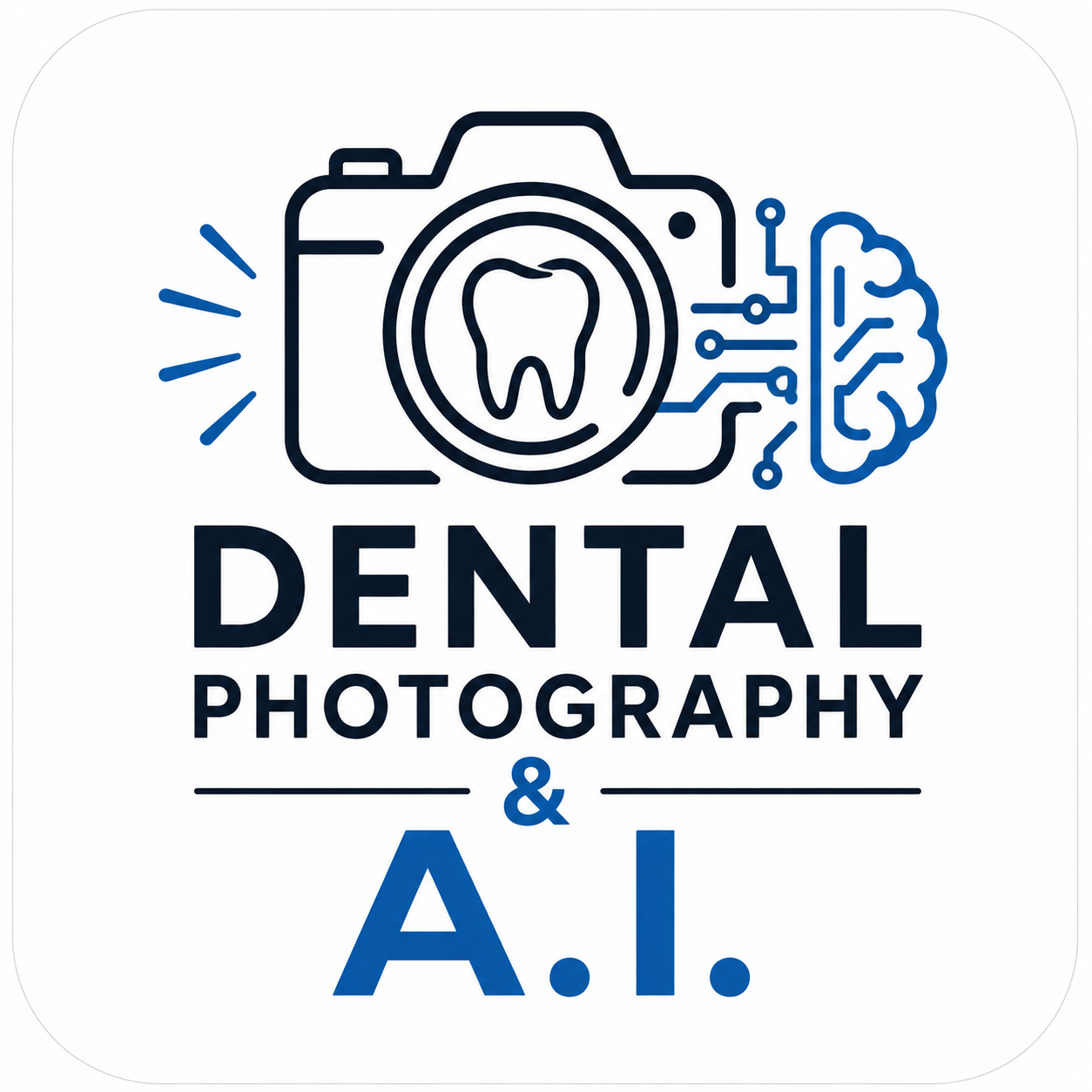 Logo for dental photography and AI, featuring a camera outline with a tooth inside and a brain outline on the side.