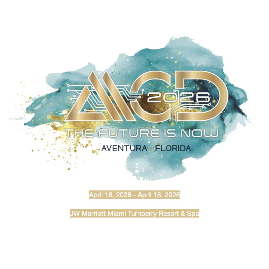 Event poster for AICD 2026, with the tagline "The Future is Now." The event takes place from April 16 to April 18, 2026, at JW Marriott Miami Turnberry Resort & Spa in Aventura, Florida. The poster features a blue and gold watercolor background with digital circuit-inspired accents.