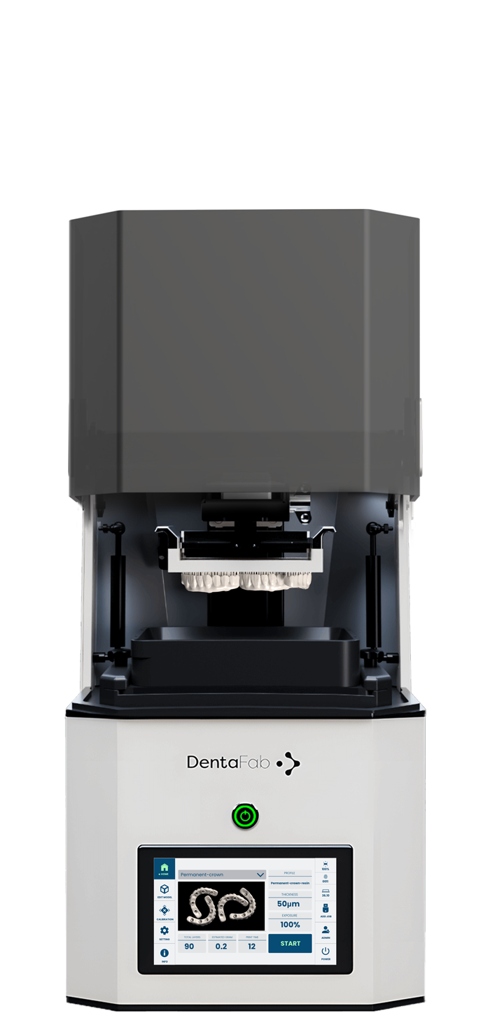 A 3D printer designed for creating dental prosthetics, with a digital touchscreen interface displaying settings and a sample dental crown model.