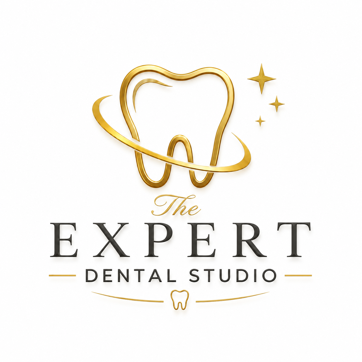 Logo for The Expert Dental Studio featuring a stylized tooth with a swoosh and stars, with text indicating it is a dental practice.
