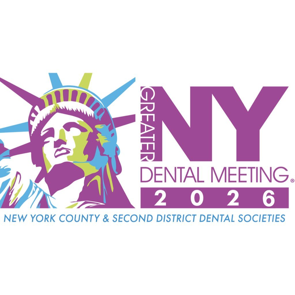 Logo for the 2026 NY Dental Meeting, featuring an artistic depiction of the Statue of Liberty's face and crown, with text indicating New York County and Second District Dental Societies.