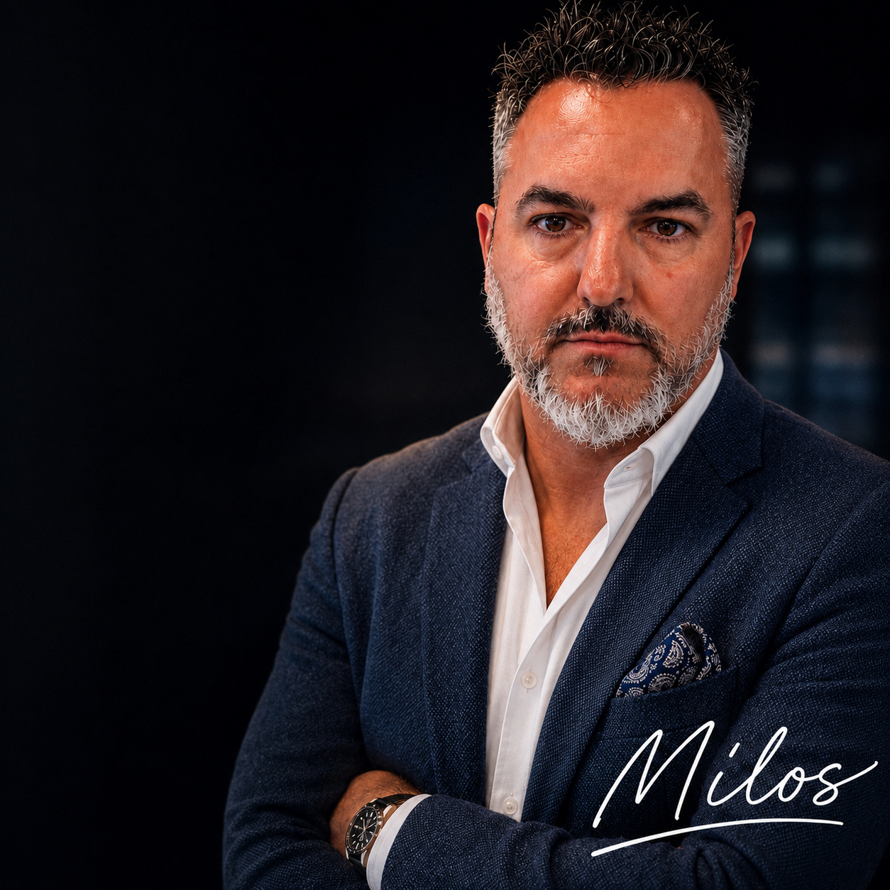 A middle-aged man with salt-and-pepper hair and beard, wearing a dark suit with a white shirt and a patterned pocket square. He has a serious expression and is standing with arms crossed against a dark background.