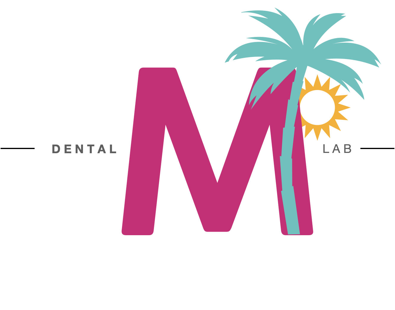Logo for a dental lab with a large pink letter 'M', a teal palm tree growing over it, a yellow sun, and text with 'DENTAL' on the left and 'LAB' on the right.