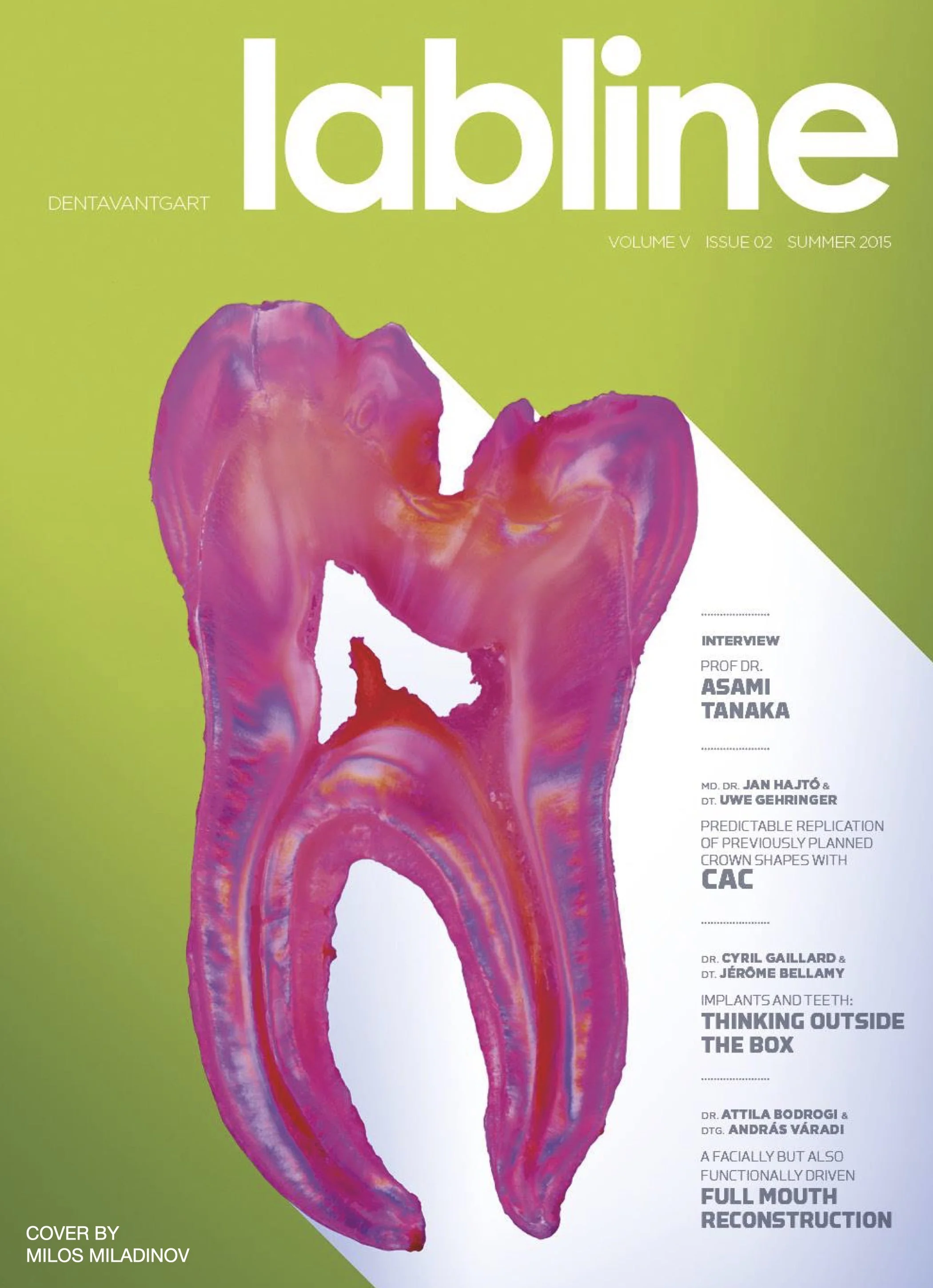 Cover of dental magazine titled 'labline' with green background and a stylized cross-section of a pink tooth.