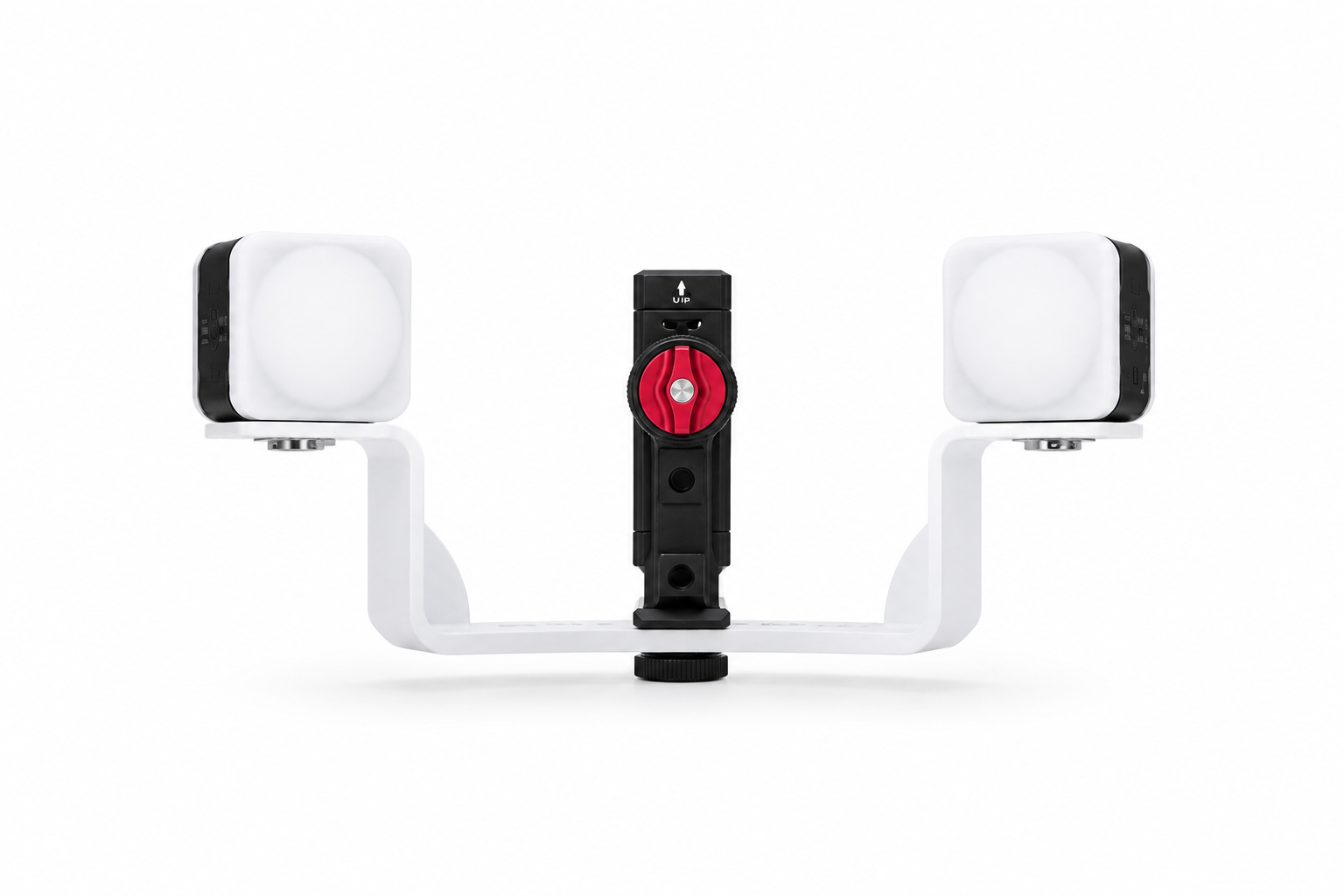 A handheld camera stabilizer with two white compact lights on each side and a central black adjustable mounting arm with a red knob, set against a plain white background.