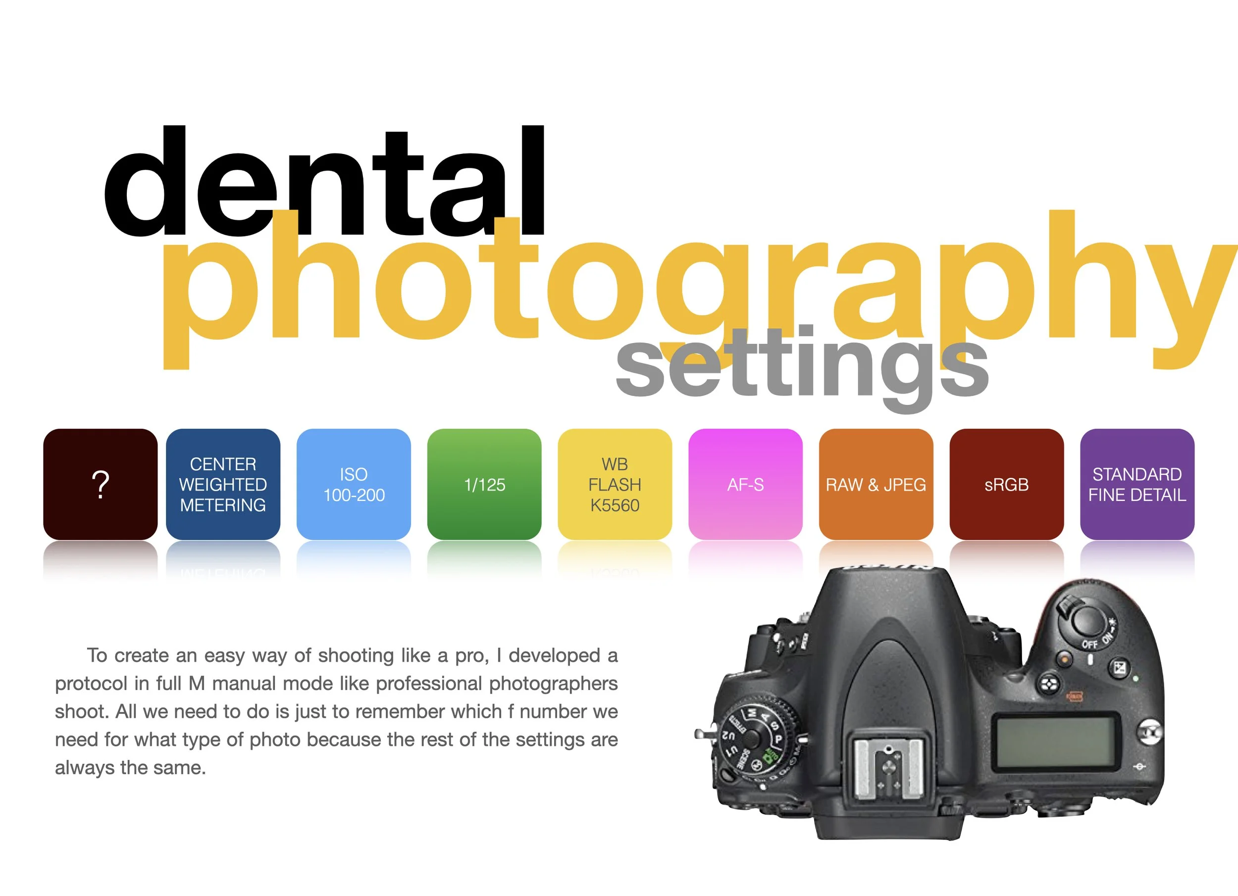 A digital camera showing various manual settings options, with color calibration bars at the top and a description text below, discussing camera settings and photography techniques.