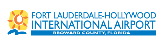 Logo of Fort Lauderdale-Hollywood International Airport in Broward County, Florida, with a stylized sun and airplane icon.