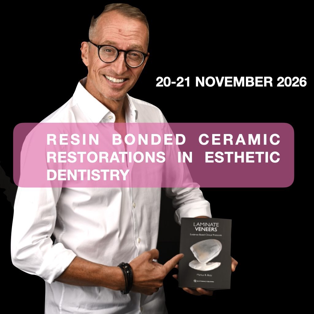 Dr Markus Blatz holding a booklet about laminate veneers, smiling against a black background, with event dates and a pink text banner promoting a conference on resin bonded ceramic restorations in esthetic dentistry.