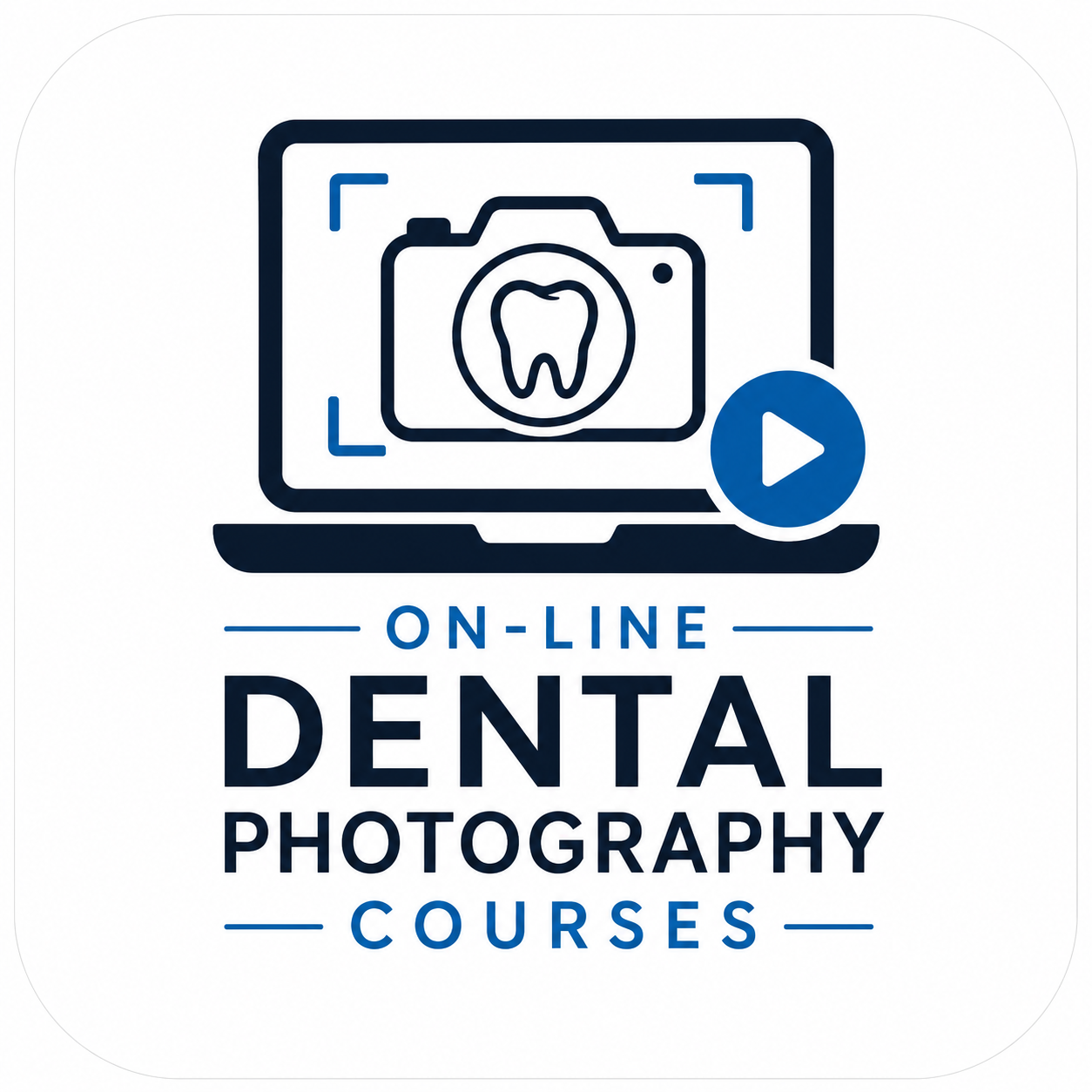 Online dental photography courses logo featuring a computer with a camera and tooth icon, with a play button and text.