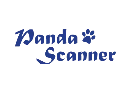 Logo with the text 'Panda Scanner' in blue, stylized font and a small panda paw print.