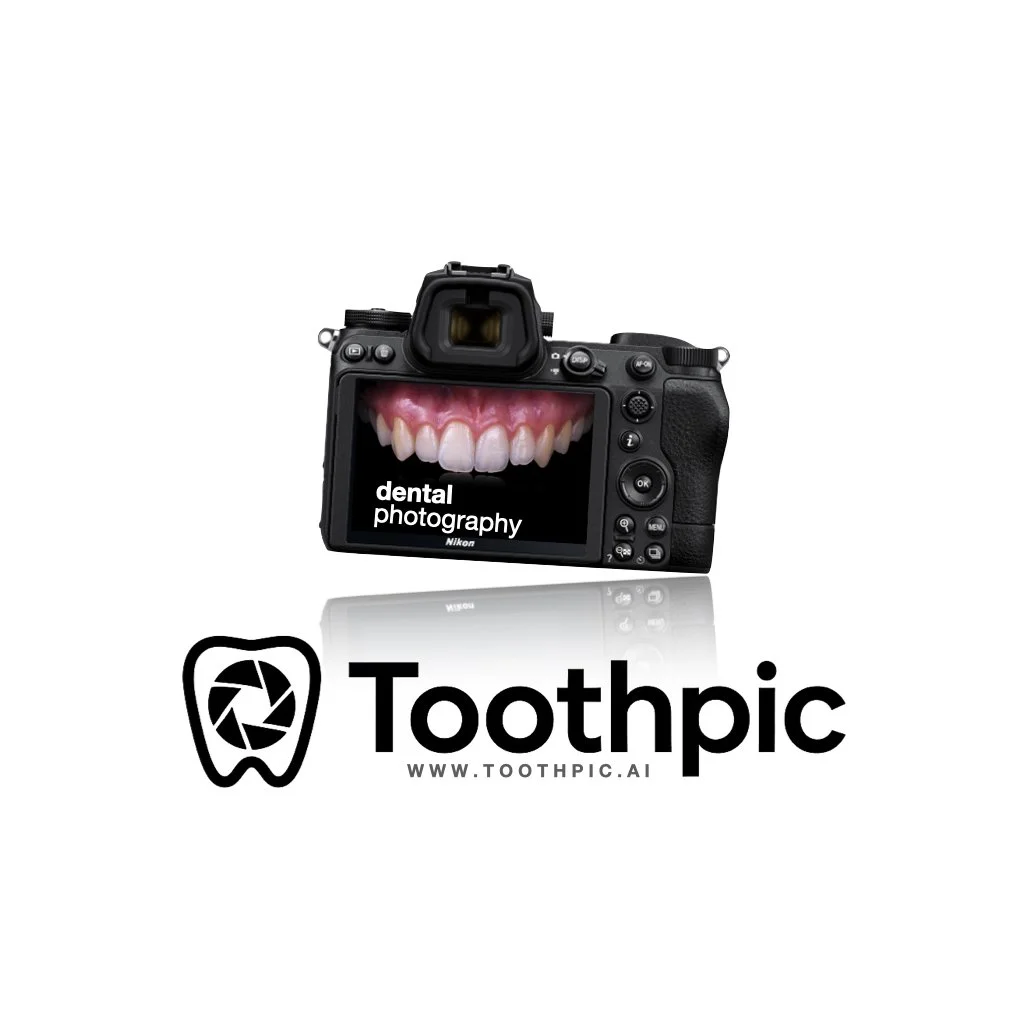 A professional camera displaying a close-up of teeth on its screen, with the words 'dental photography.' Below the camera, there is a logo of a tooth with a camera shutter inside it, and the text 'Toothpic' with the website 'WWW.TOOTHPIC.AI'.