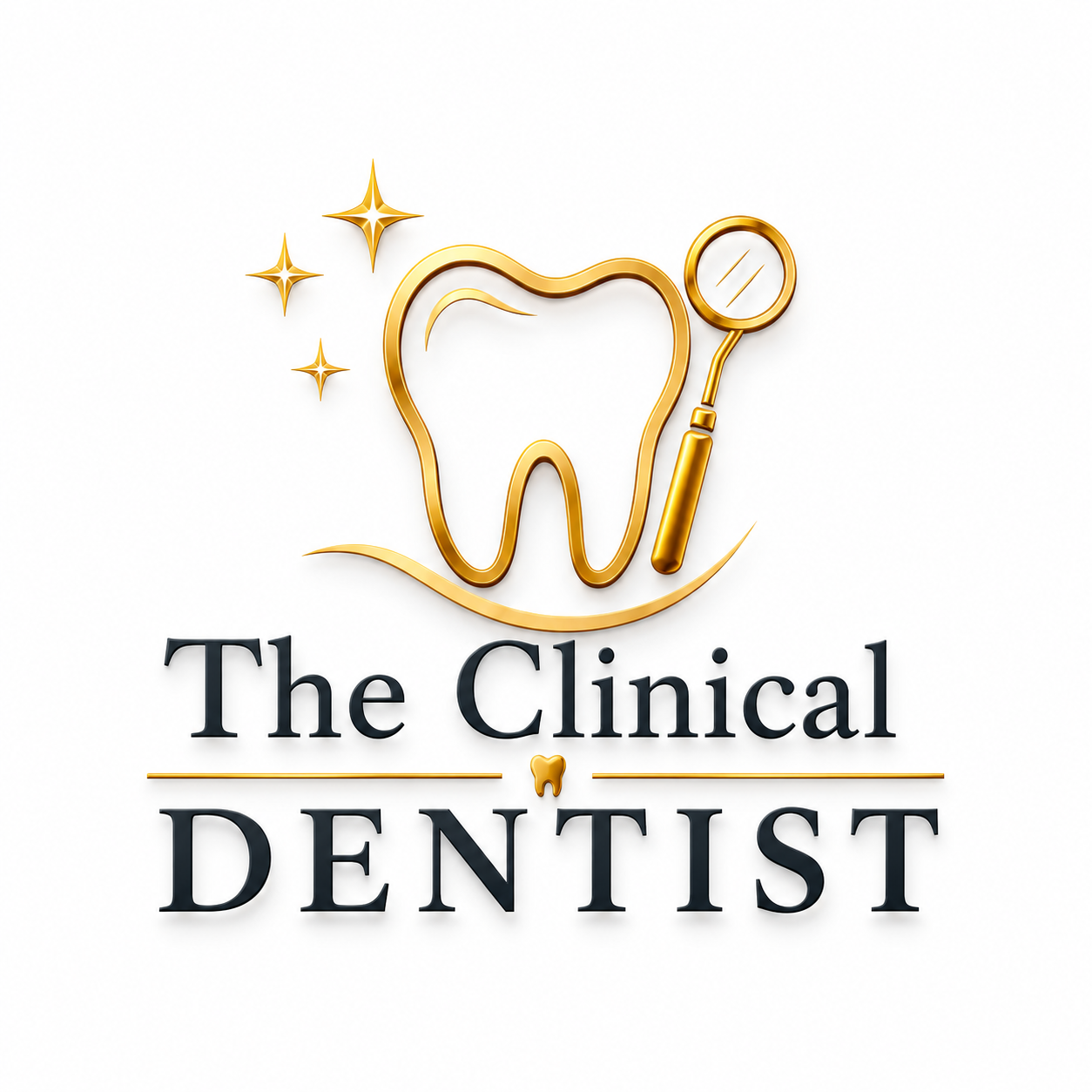 Logo of The Clinical Dentist featuring a stylized tooth, dental mirror, stars, and text.