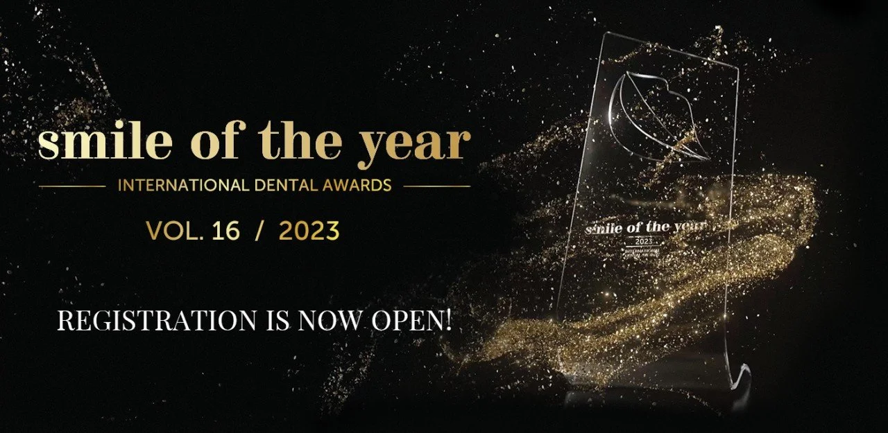 Black background with gold sparkles and text announcing the 'Smile of the Year' International Dental Awards, Volume 16 of 2023, and registration opening.