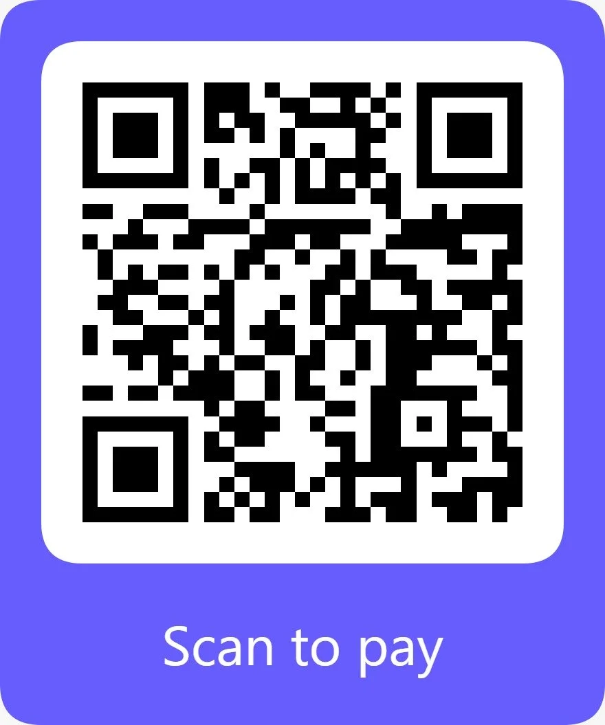 QR code on a blue background with the text "Scan to pay"