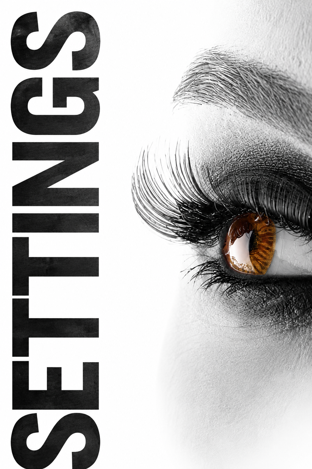 Close-up of a person's eye with dramatic makeup and long false eyelashes, with the word 'SISTERS' written vertically on the left side.