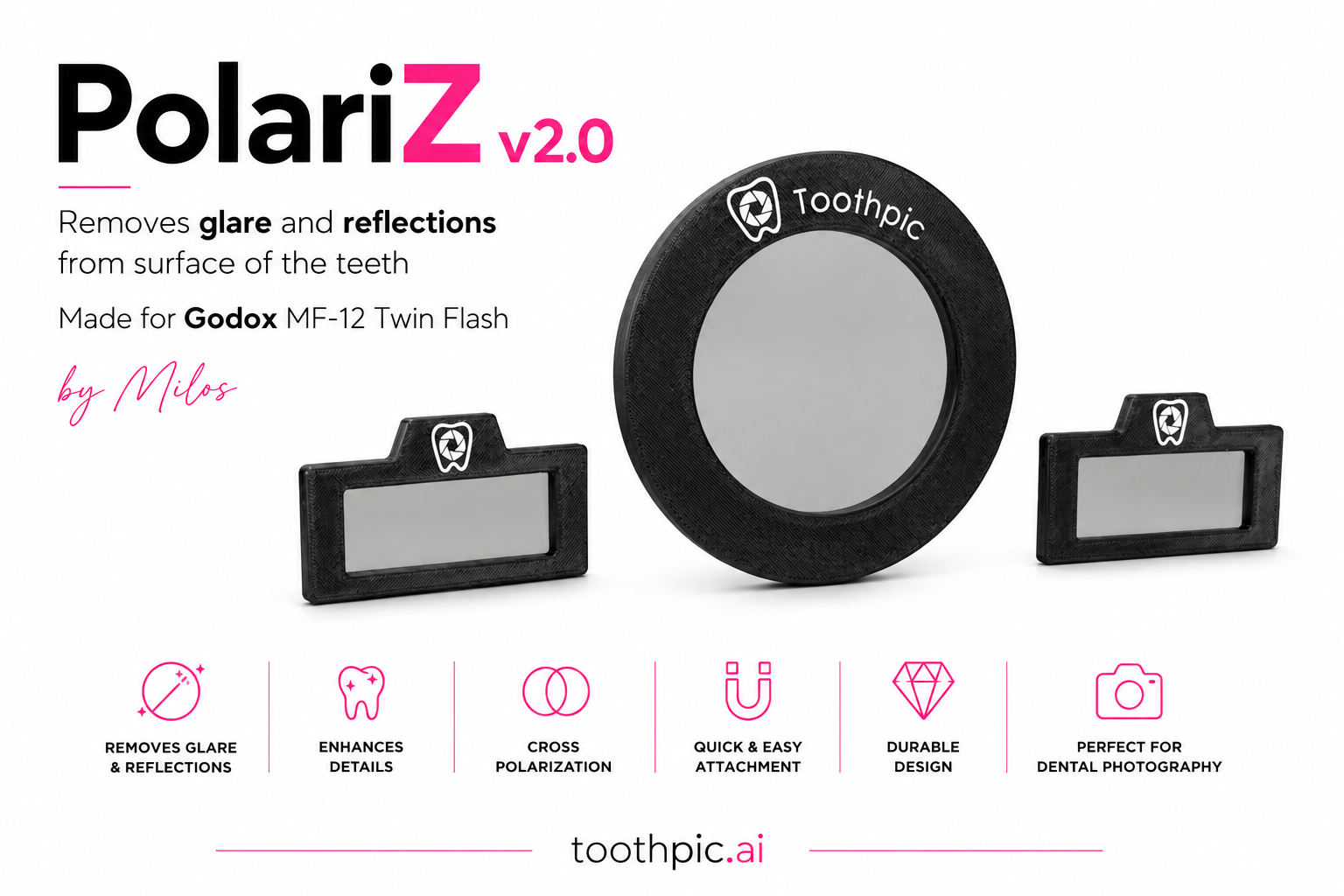 PolariZ  polarisation filter  for  twin flash Godox MF-12 K2 by Milos, ideal for intraoral  dental photography, helps removing glare and light reflections from teeth surface. Ideal to enhace lab and dental office communication.