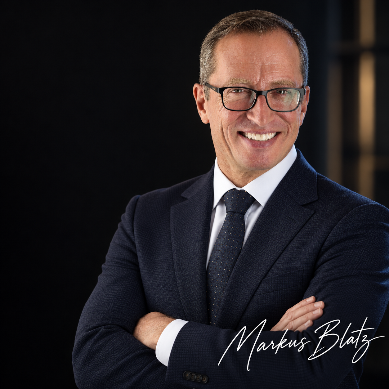 Portrait of a smiling middle-aged man with glasses, wearing a dark business suit, white shirt, and dark tie, with crossed arms, against a dark background.