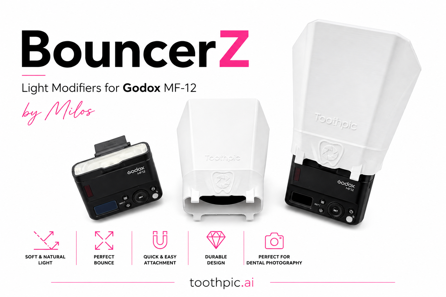BouncerZ light modifiers for  twin flash Godox MF-12 by Milos, ideal for all types of dental photography like intraoral, close-up,  portrait and laboratory dental photography