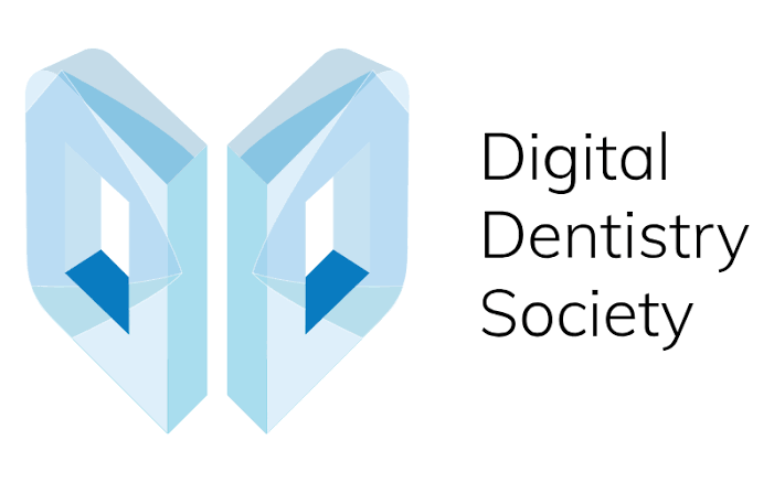 Logo of the Digital Dentistry Society featuring a stylized open mouth made of geometric light blue shapes with dark blue accents, and the organization's name beside it.