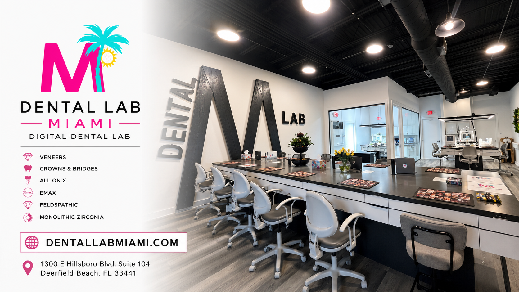Interior of a modern dental office with a large consultation table surrounded by white chairs. The wall displays a sign for Dental Lab Miami with a colorful logo featuring a palm tree, sun, and pink text. The office has a high ceiling with black ductwork, bright overhead lighting, and windows revealing additional dental equipment and workstations.