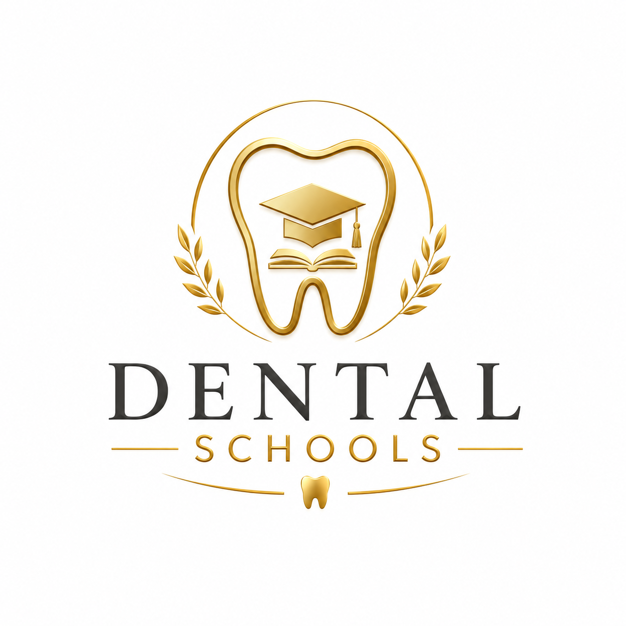 Golden emblem of a tooth with a tooth inside, framed by laurel branches, featuring a graduation cap and open book, with the text 'DENTAL SCHOOLS' below.