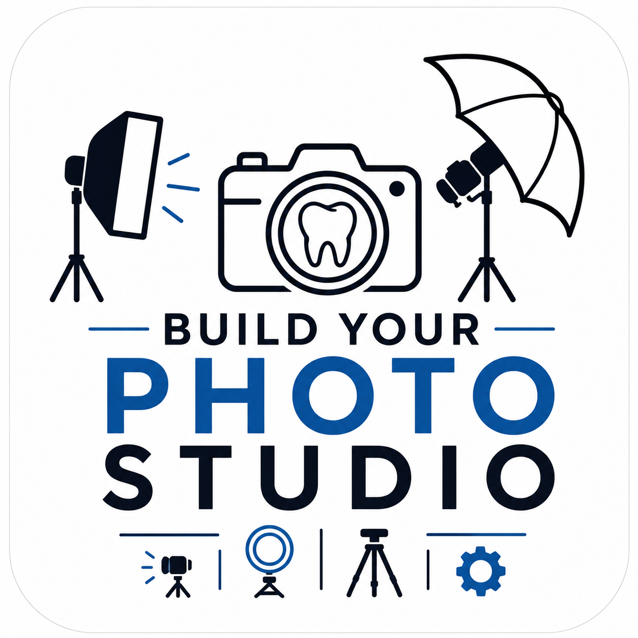 Graphic promoting building your own photo studio with icons of camera, lights, umbrella, tripod, and gear, and the text "Build Your Photo Studio".