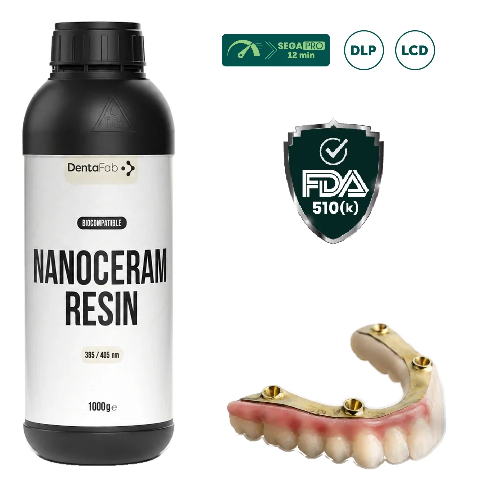 A bottle of Nanoceram Resin by DentaFab and a dental implant appliance with a metal framework and pink gum-like material, along with icons indicating speed, digital light processing (DLP), LCD technology, and FDA approval for dental use.