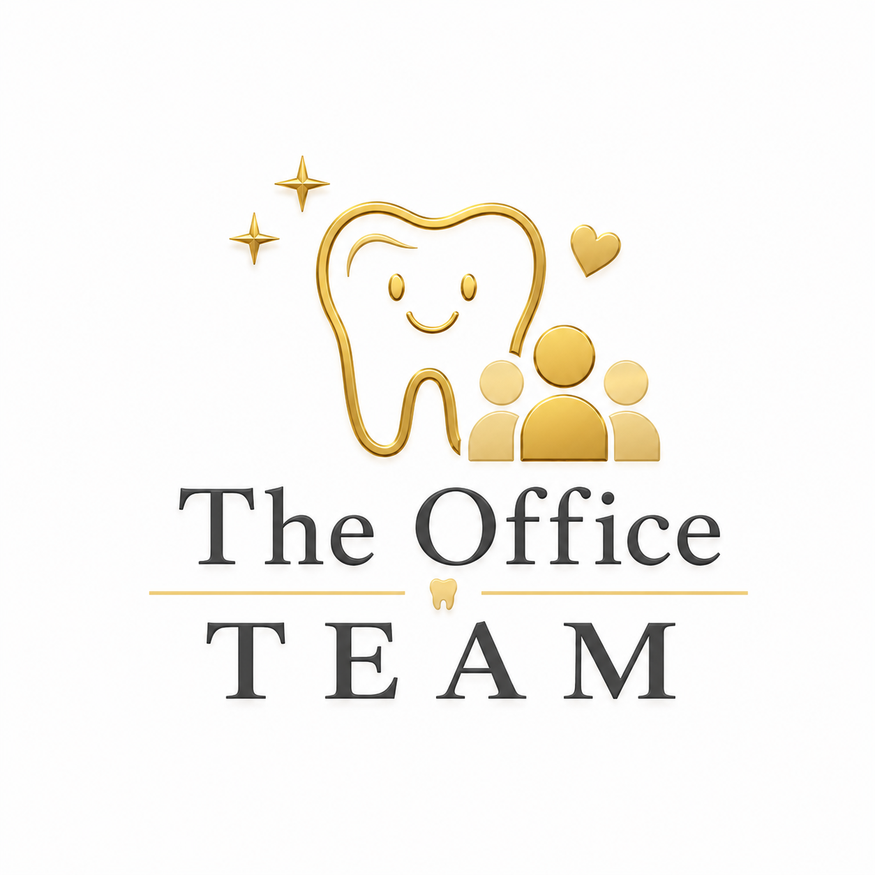 Logo featuring a smiling tooth with sparkling stars, a heart, and three people icons above the text ‘The Office TEAM’ with a small tooth icon between the words.
