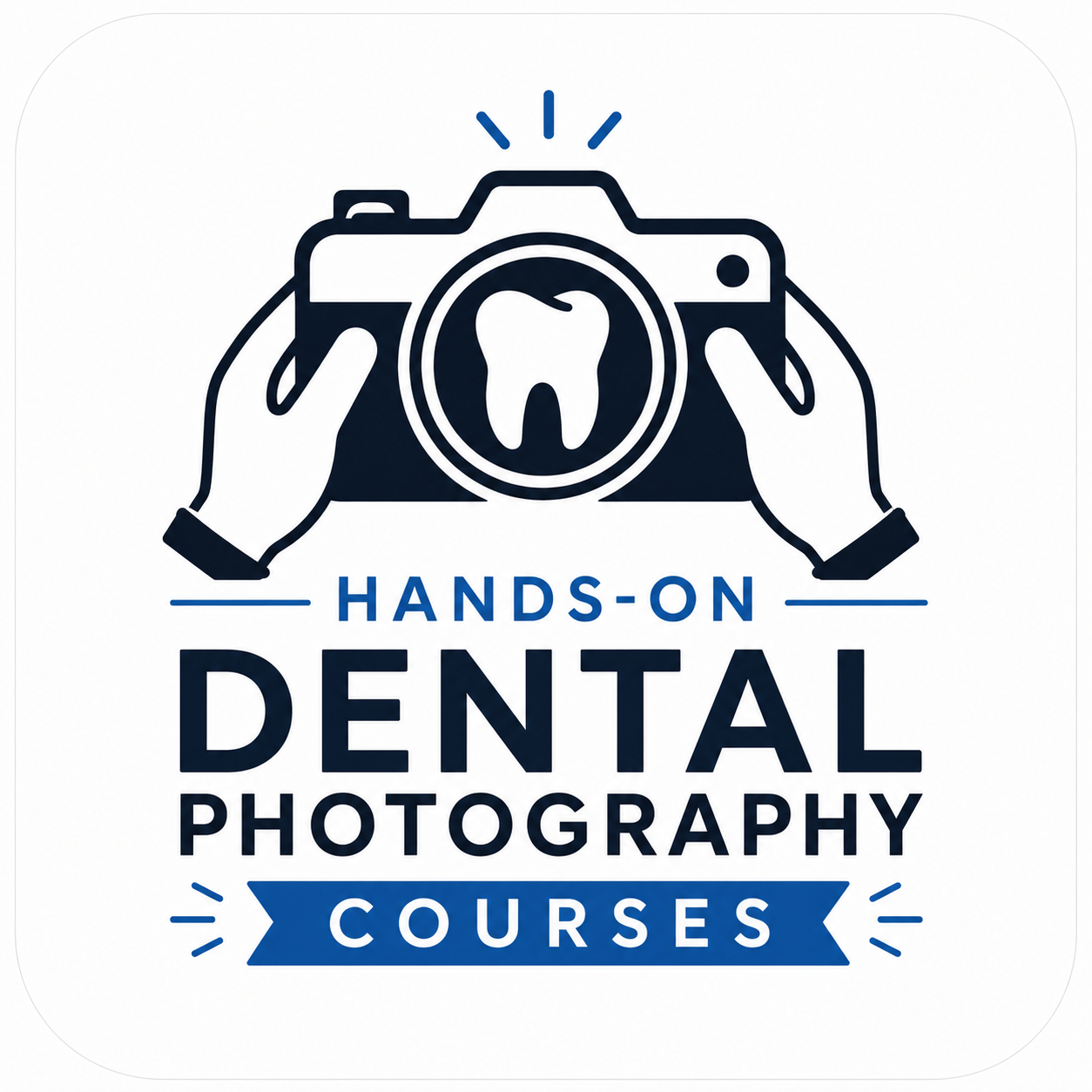 Logo for hands-on dental photography courses featuring a camera outline with a tooth in the lens, hands holding the camera, and text that reads "Hands-On Dental Photography Courses."