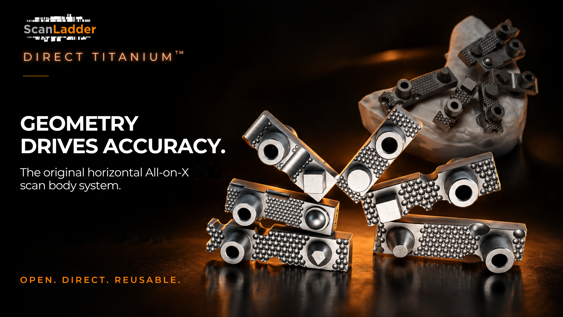 Metallic titanium parts with geometric patterns arranged on a dark surface, promoting a titanium-based product for precision, reusability, and direct design.
