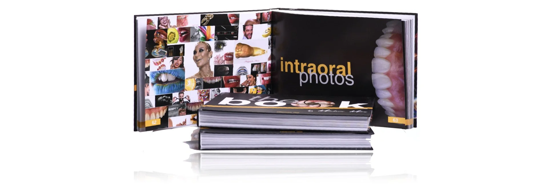 Open book titled 'Intraoral Photos' with colorful collage of photos of mouths, teeth, lips, and smiling faces.