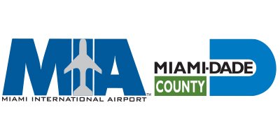 Logo of Miami International Airport, Miami-Dade County, featuring letters MIA and a blue airplane silhouette.