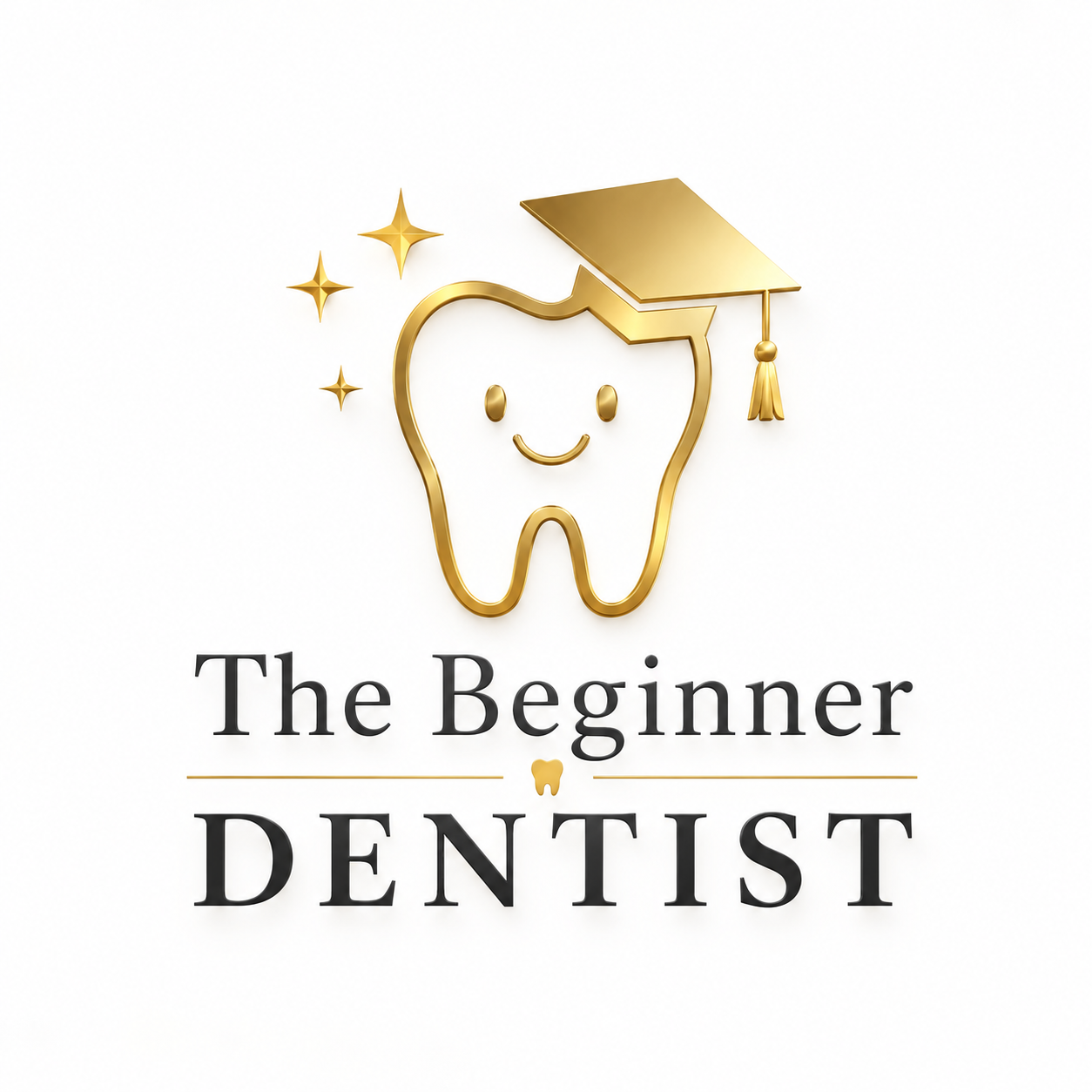 A smiling cartoon tooth wearing a graduation cap, with sparkles around it. Text reads 'The Beginner Dentist' with a small tooth icon between the lines.