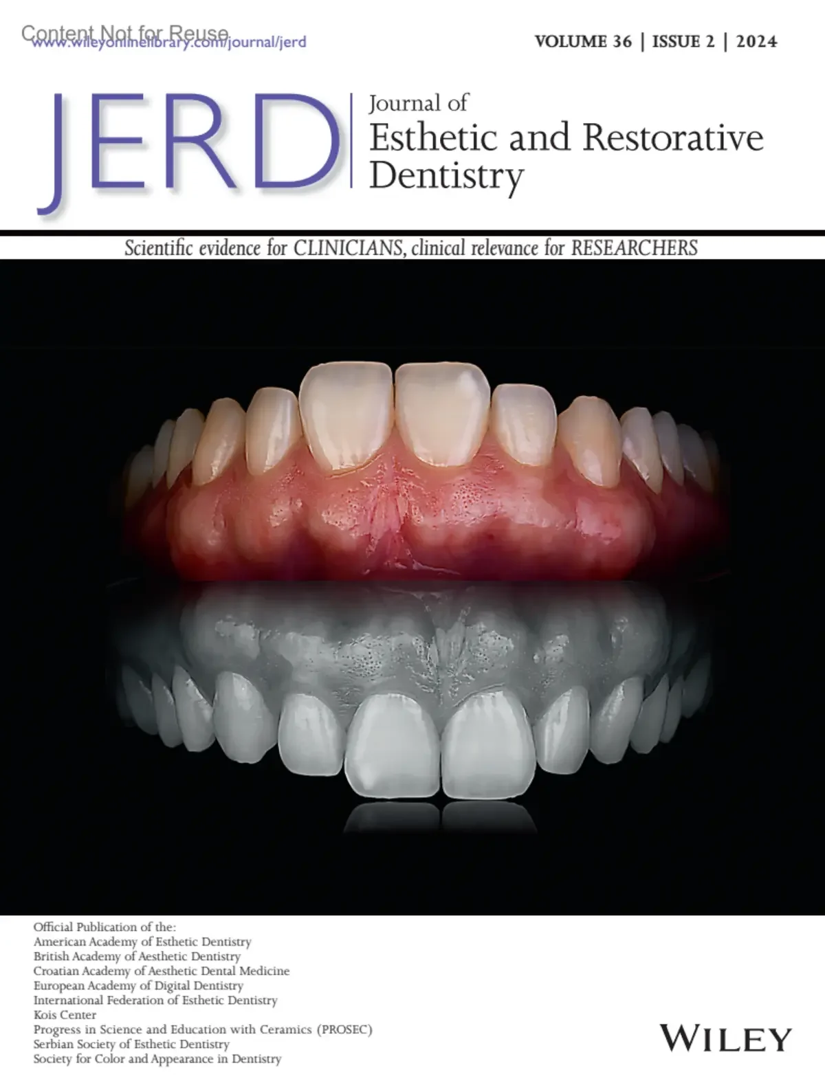 View of a dental cover showing the upper and lower teeth with gums. The cover is for Volume 36, Issue 2, 2024 of the Journal of Esthetic and Restorative Dentistry, published by Wiley.