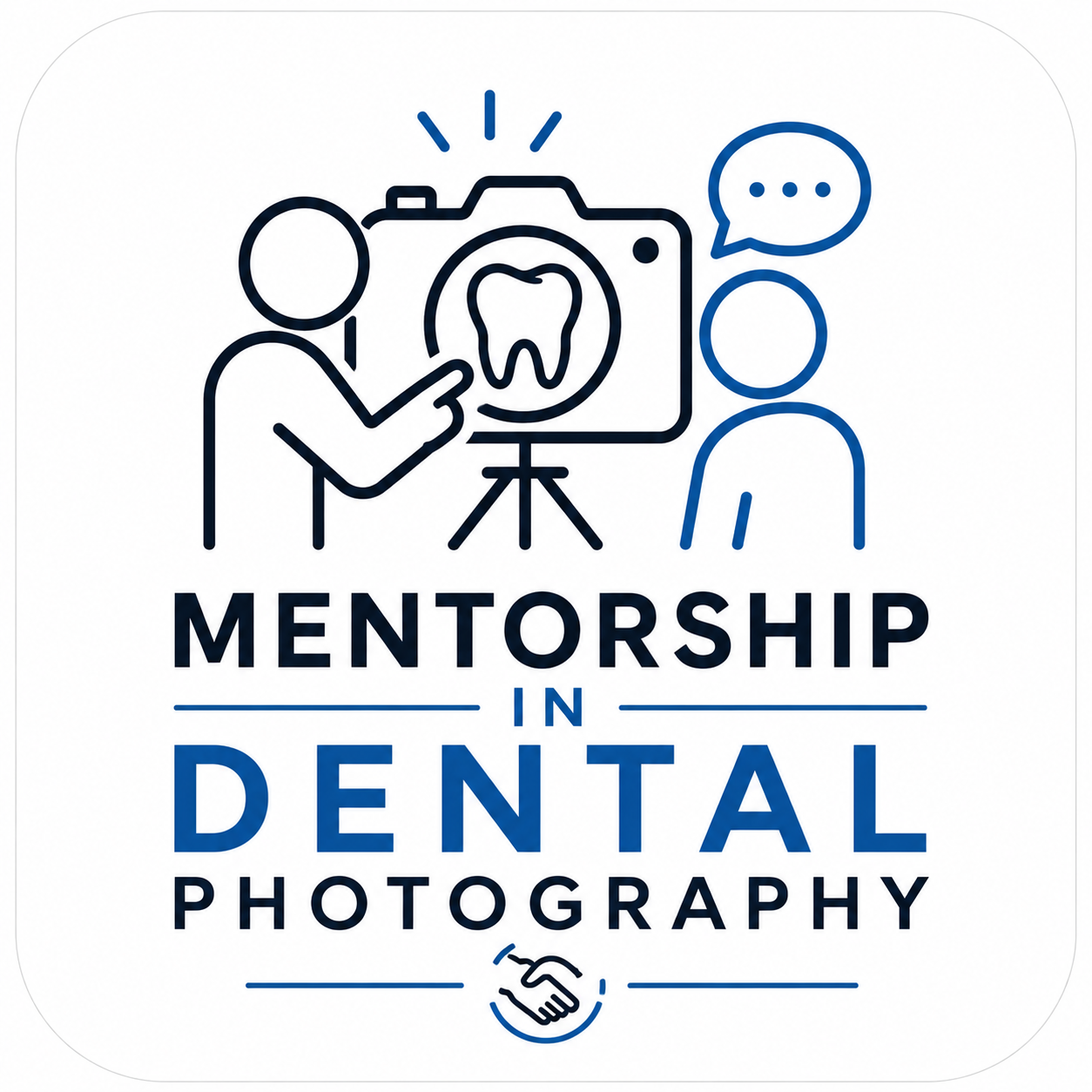 Illustration of a person pointing at a large monitor with a tooth icon, another person with a speech bubble, and the text 'Mentorship in Dental Photography' along with a handshake icon.
